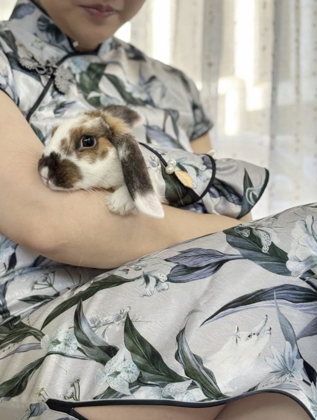 飼主與兔兔穿著灰綠花布同款服裝